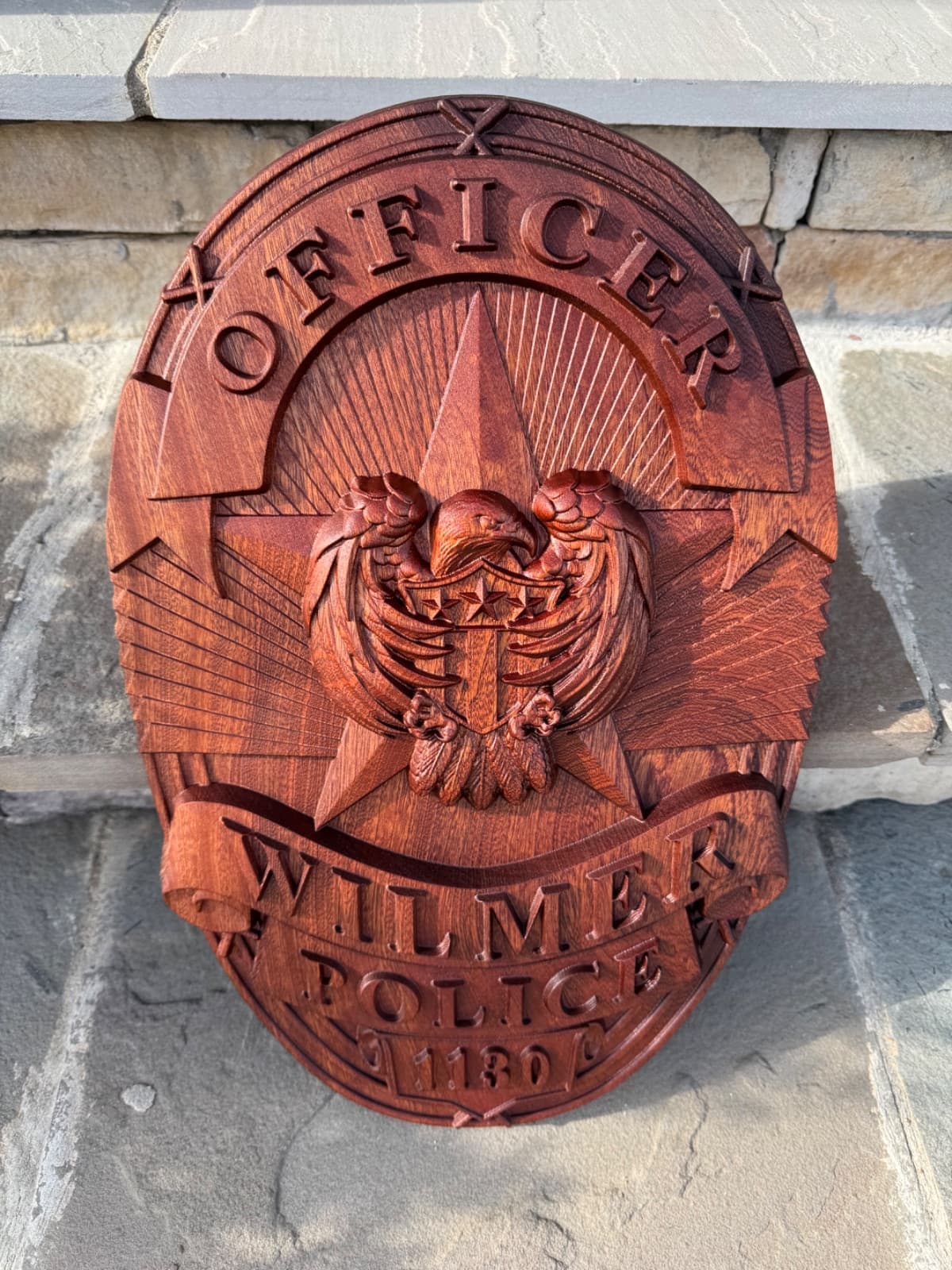 Natural mahogany carved badge sample